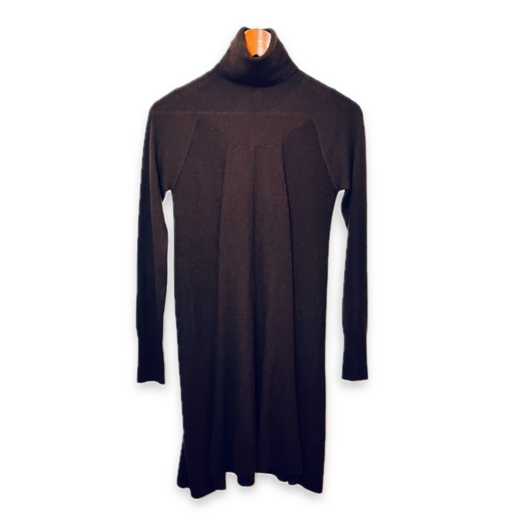 Autumn Cashmere Sweater Dress Turtleneck Long Sleeve Midi A-Line Dark Brown
